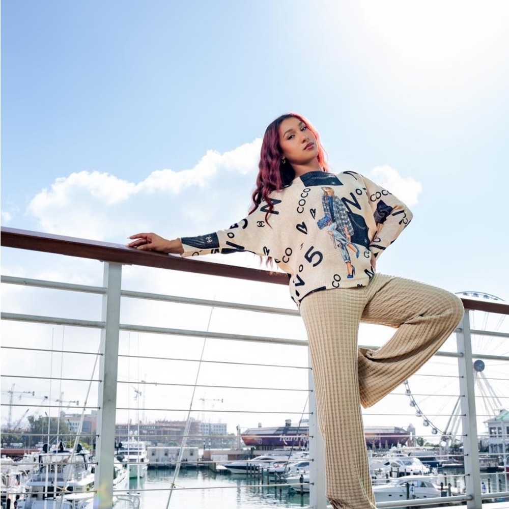 Cream Geometric Pattern Sweater with Relaxed Fit